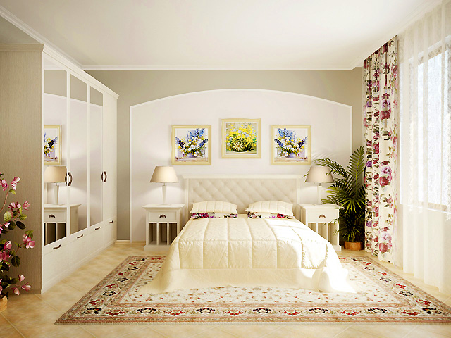 Бяло и нежно облачно сиво са изборът за цветовото решение на спалнята