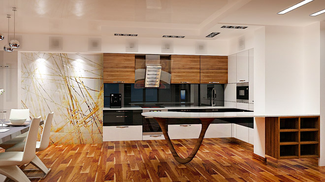 Овален извит стъклен плот отделя визуално кухнята от останалите зони в дневната.