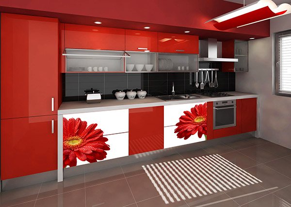 Драматични контрасти в червено, черно и бяло в кухнята